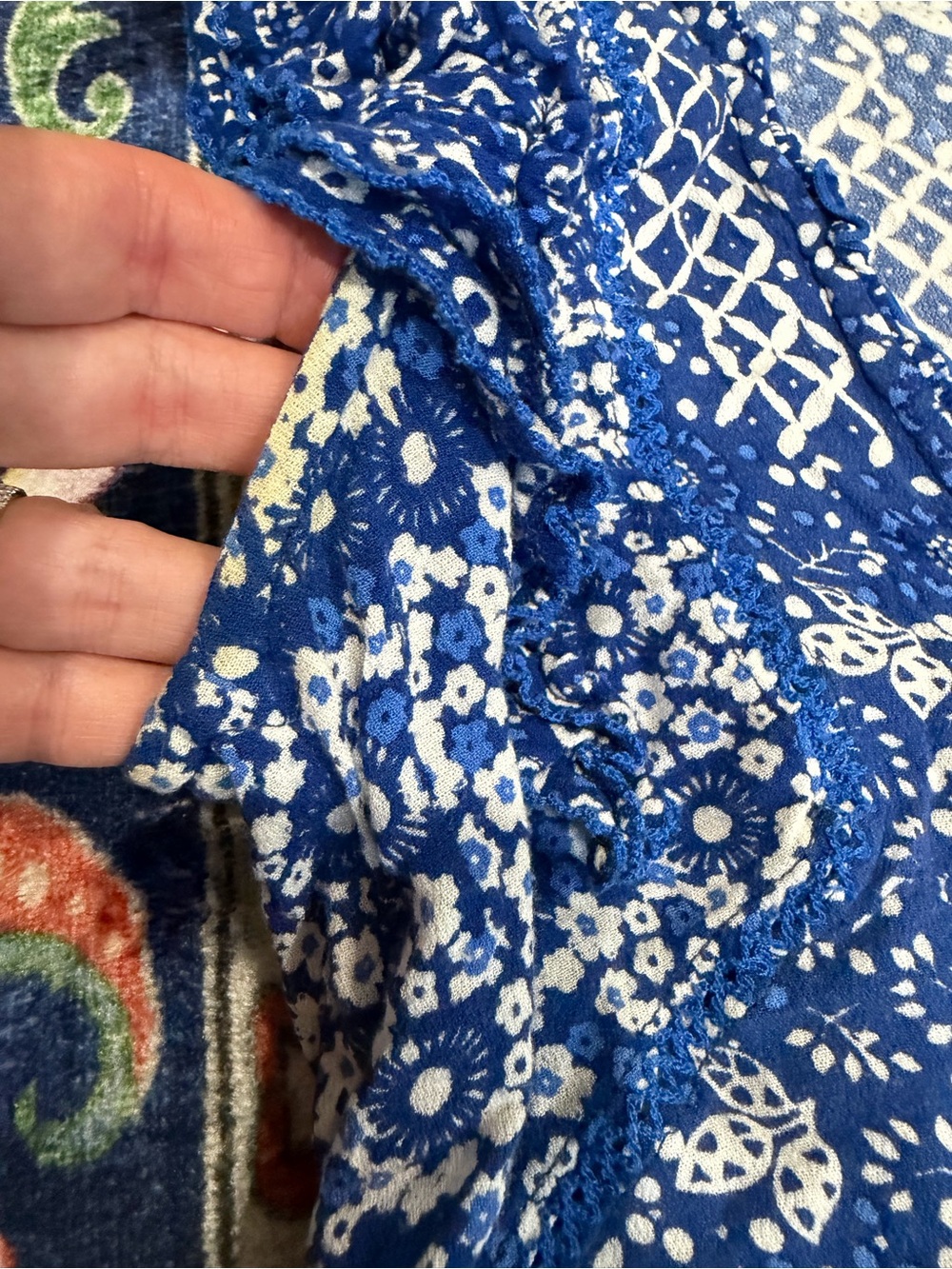 Poupette St. Barth Blue Floral Ruffle Mini Dress Cover-Up White Print XS Resort - Picture 6 of 6